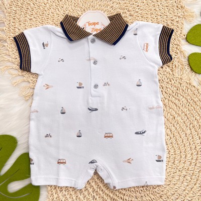 Macacão Curto Piquet com Gola Polo Barquinhos - Off White e Marinho